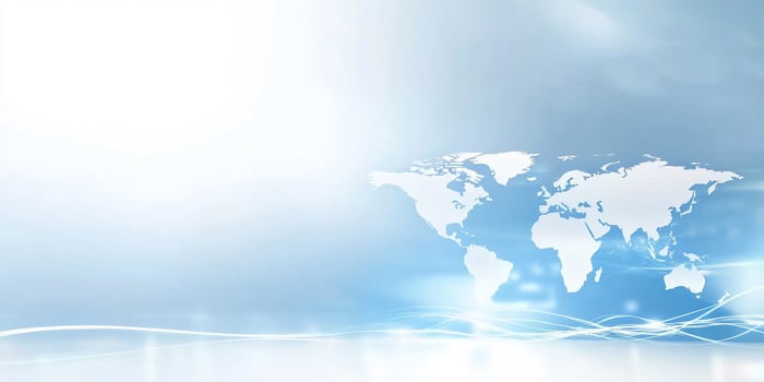 Global connection, blue background, world map. Website banner photo
