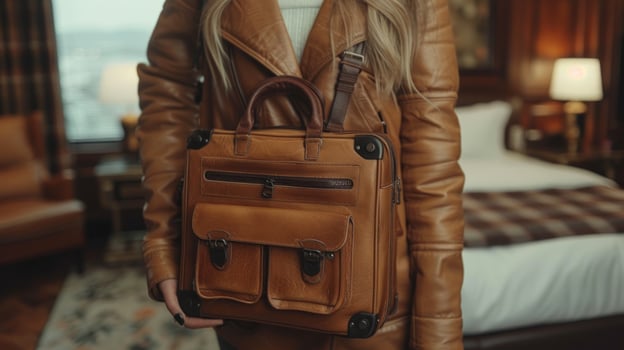 Leather briefcase fashion accessory woman wearing jacket carry bag photo