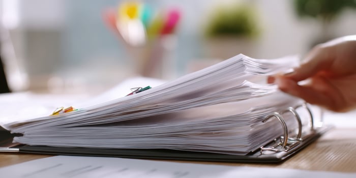 The binder filled with organized documents on a modern office desk. photo