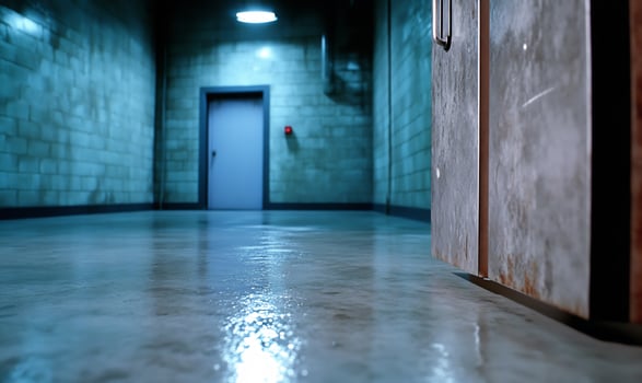 Dimly Lit Industrial Corridor with Reflective Floor and Doorway photo