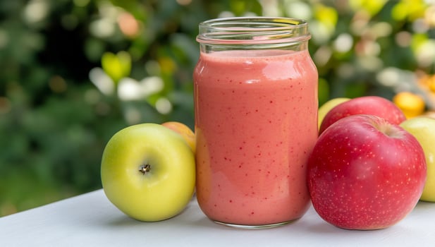 Apple smoothie outdoors, healthy drink, garden background, food photography photo