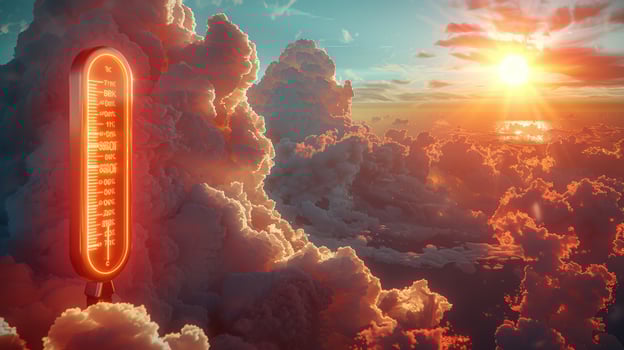 Thermometer in cloudy sky indicating temperature with sunlight photo