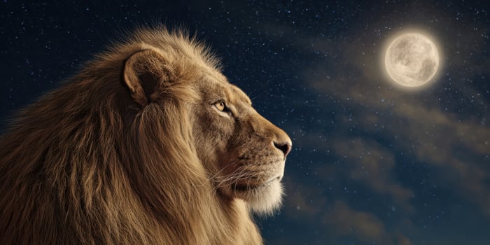 The Lion Gazing at the Illuminated Moon Under a Starry Sky photo