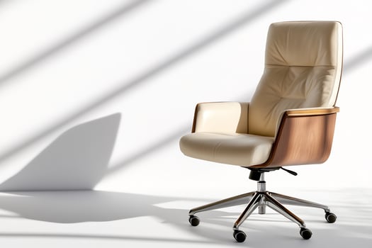 Modern leather office chair, sunlight, white room, product shot photo
