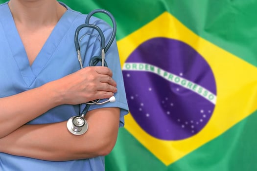 Woman surgeon or doctor with stethoscope on the background of the Brazil flag. Health care, surgery and medical concept in Brazil photo