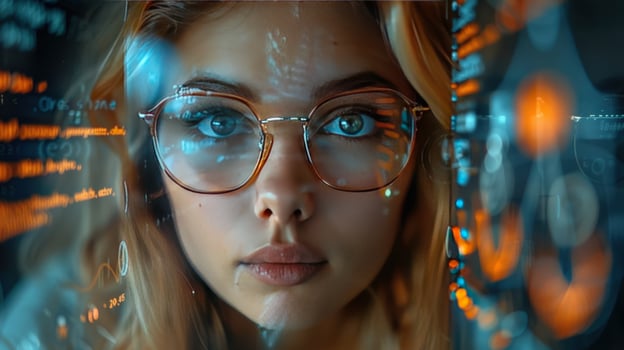 Code reflection on person glasses future technology and software development concept photo