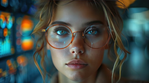 Woman wearing glasses with technology screen background photo