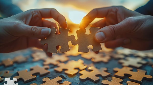 Puzzle pieces connecting for business strategy and teamwork at sunset photo