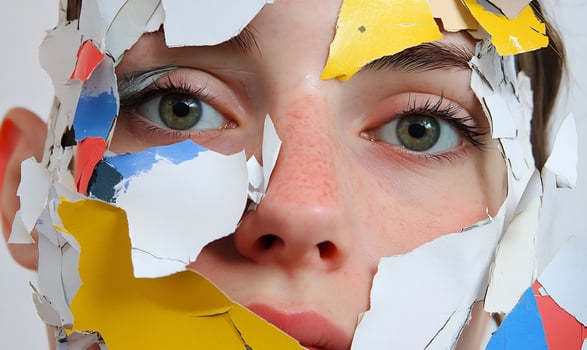 Teen girl, paint chips, face, studio, identity photo