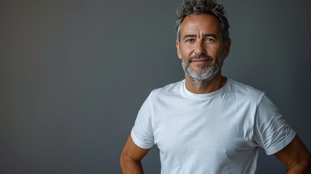 Portrait of man with gray hair in studio setting against gray background photo