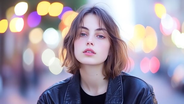 Woman night city portrait, bokeh lights, urban background, fashion photo
