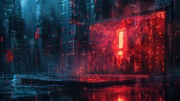 Laptop screen displaying error alert and security warning in digital matrix photo