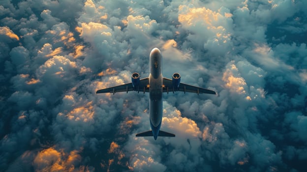 Airplane flying through a colorful cloudscape aviation concept photo