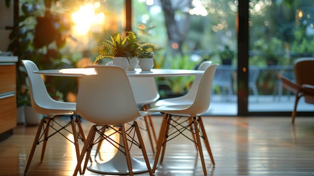 Dining area with round table chairs and sunlight interior design photo