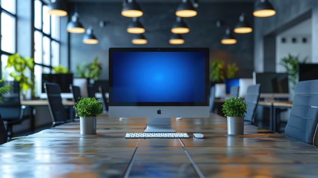 Open workspace with computer on desk and potted plant photo
