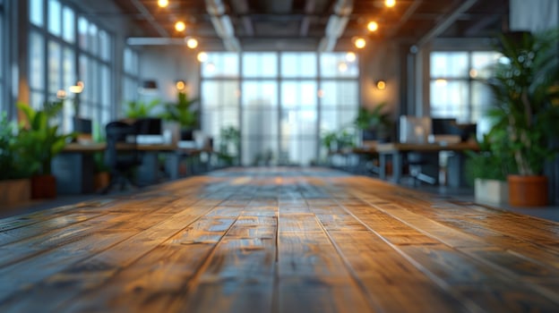 Modern open office with wood floor and computer workstations photo