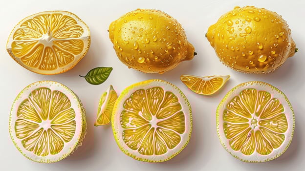 Fresh lemon still life with slices and water droplets on white surface photo