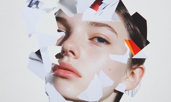 Womans face, paper collage, studio shot, fragmented portrait, advertising photo