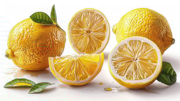 Fresh lemon still life with slices and green leaves on white background photo