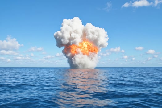 Ocean explosion, fiery mushroom cloud, blue sky, calm water, disaster imagery photo