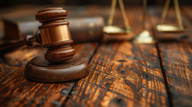 Gavel and scale of justice representing law and legal concepts on wooden surface photo