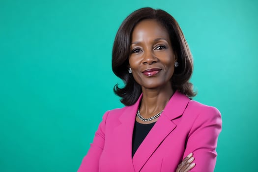 Confident woman, teal backdrop, arms crossed, professional portrait photo