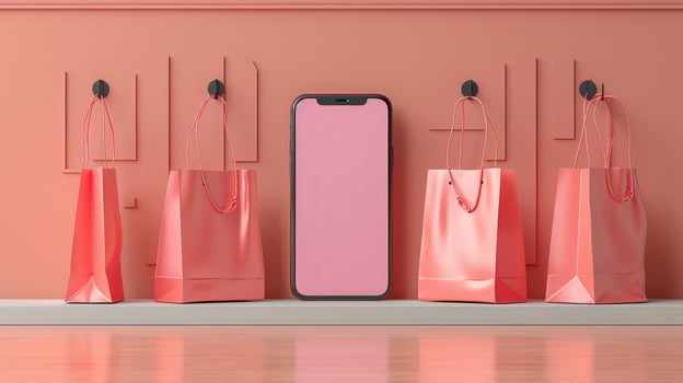 Mobile shopping and online retail concept with blank phone and bags photo