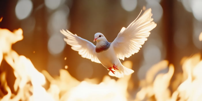 White dove flying over fire, nature backdrop, hope concept photo
