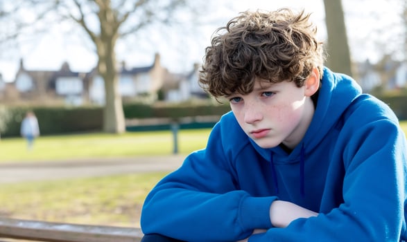 Sad teen boy park bench, blurred background, outdoor photo