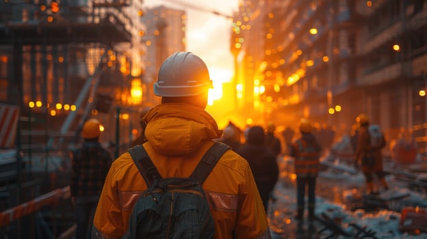 Construction worker walking at industrial site with setting sun photo