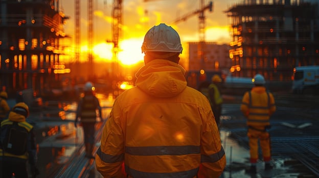 Construction site at sunset featuring construction worker with hardhat photo