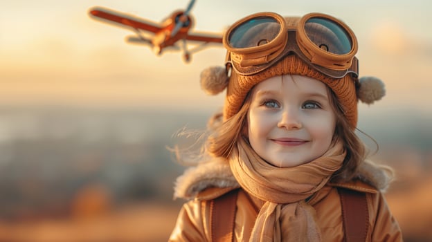 Child pilot in goggles with airplane dream adventure photo