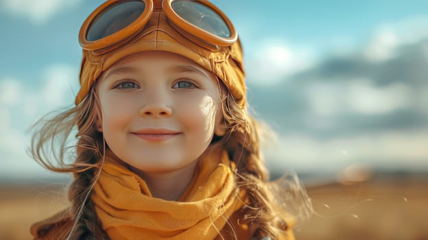 Young girl in vintage aviator outfit dreaming of flight and adventure photo