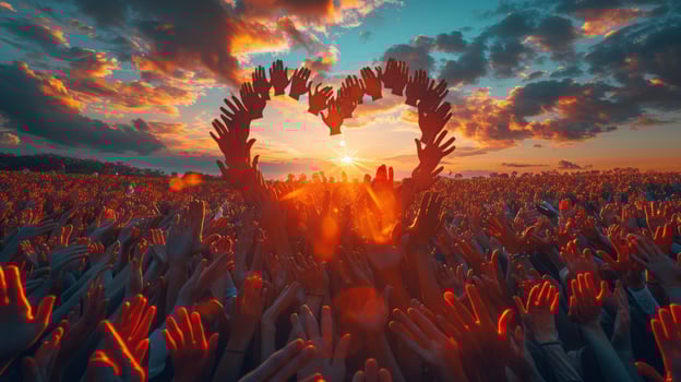 Crowd hands form heart shape silhouette against sunset sky event gathering photo
