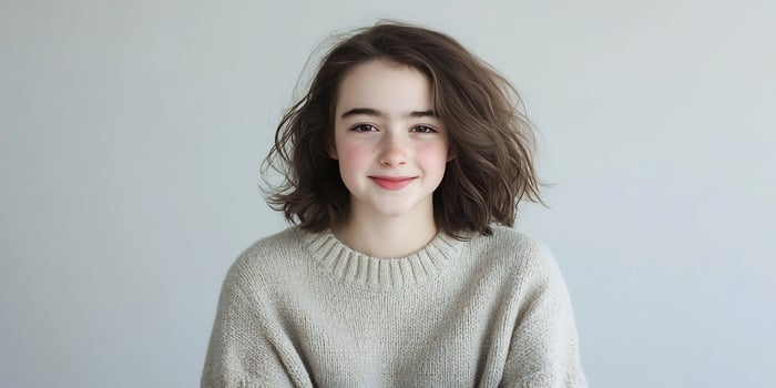 Girl smiling, indoor studio, neutral background, portrait photo