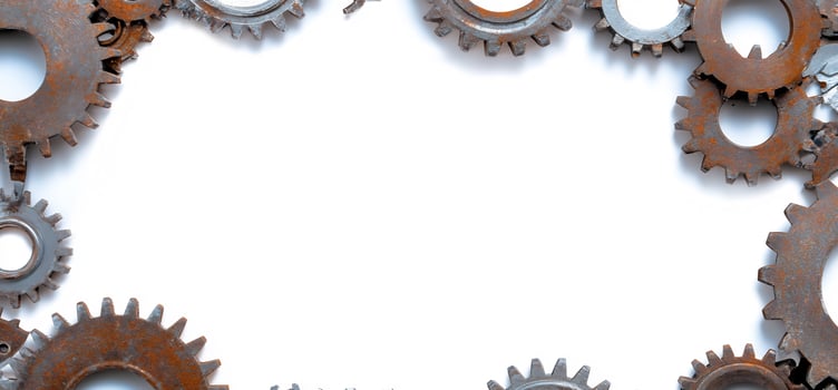 Rusty gears frame, white background, teamwork concept photo