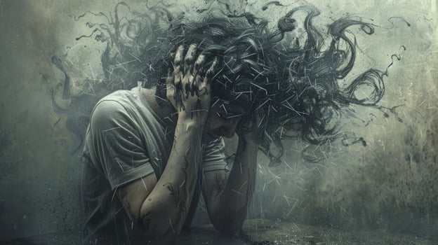Distressed person covering face expressing mental anguish photo