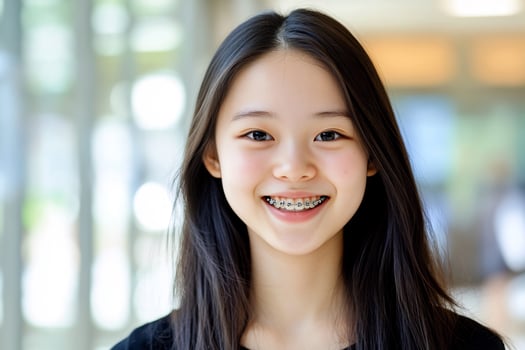 Smiling Asian teen girl portrait, indoor, blurred background, dental braces photo