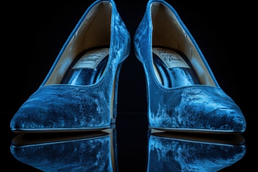 Elegant blue velvet high heel shoes on reflective surface photo