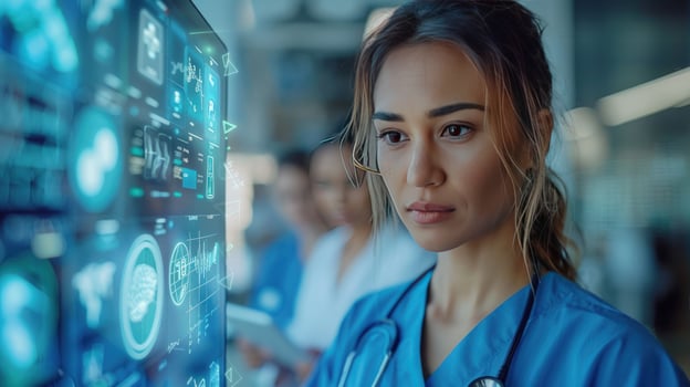 Healthcare professional analyzing digital medical data display photo