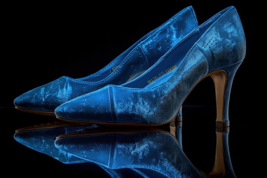 Elegant blue velvet high heel shoe reflecting on black background photo