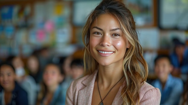 Smiling person standing before a group inside photo