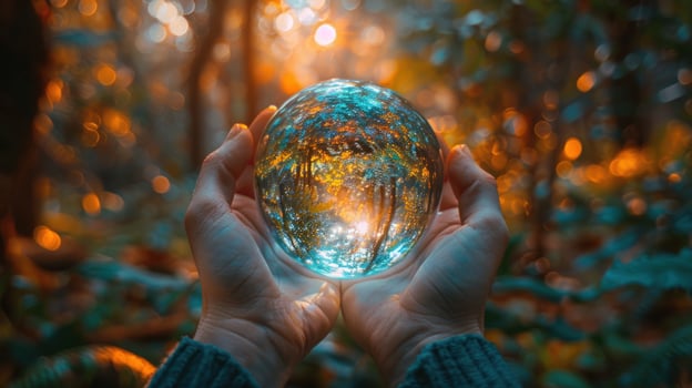 Crystal ball reflecting forest scene held in hand for nature concept photo