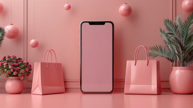 Smartphone mockup with shopping bags and flowers for retail promotion photo