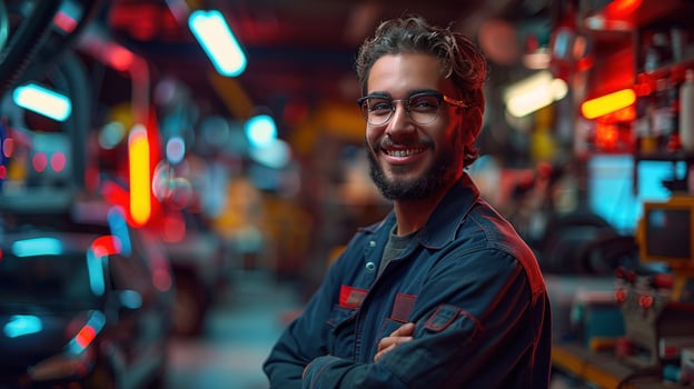 Smiling automotive mechanic in a workshop environment portrait photo