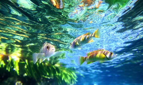 Tropical fish swim underwater, coral reef background photo