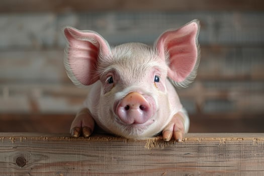 Close up portrait of pale pink piglet resting on wood farm animal microstock photo