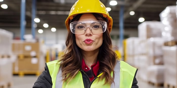 Woman worker warehouse safety helmet photo