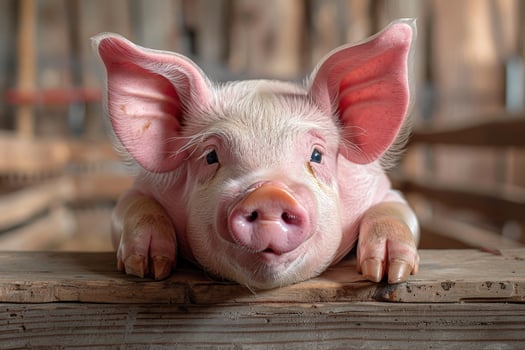 Pink piglet portrait resting on a rustic wood surface photo