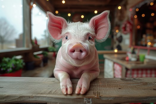 Adorable pink piglet portrait on wooden surface farm animal photo